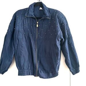 Vintage Coaco SzS Navy Blue Silk Bomber Jacket Gold beaded shoulder AOP Appliqué